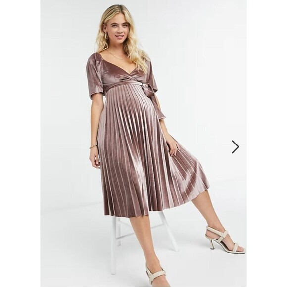 ASOS Maternity Dress Women 8 Velvet Pleat Midi Dusky Pink Holiday Fall Mauve - Picture 4 of 10